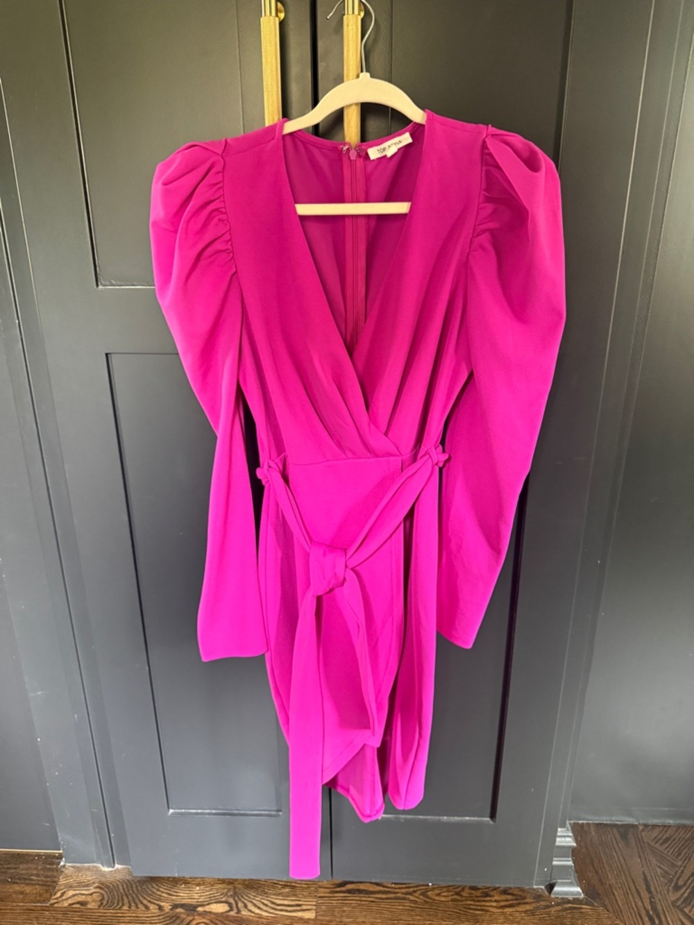 Fuchsia Wrap Midi Dress with Puff Sleeves